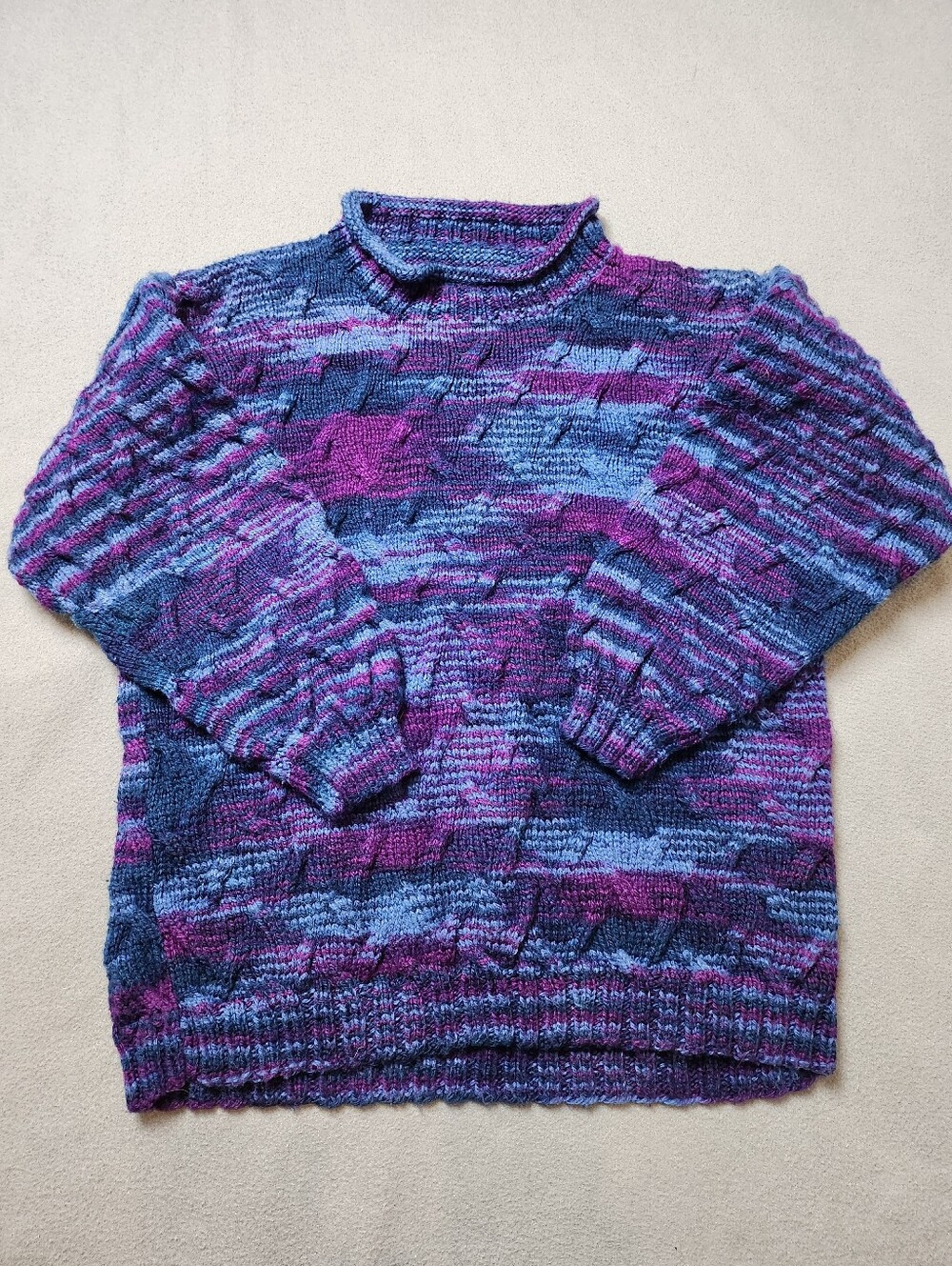 Handmade Variegated Cable Knit Sweater Purple Blue